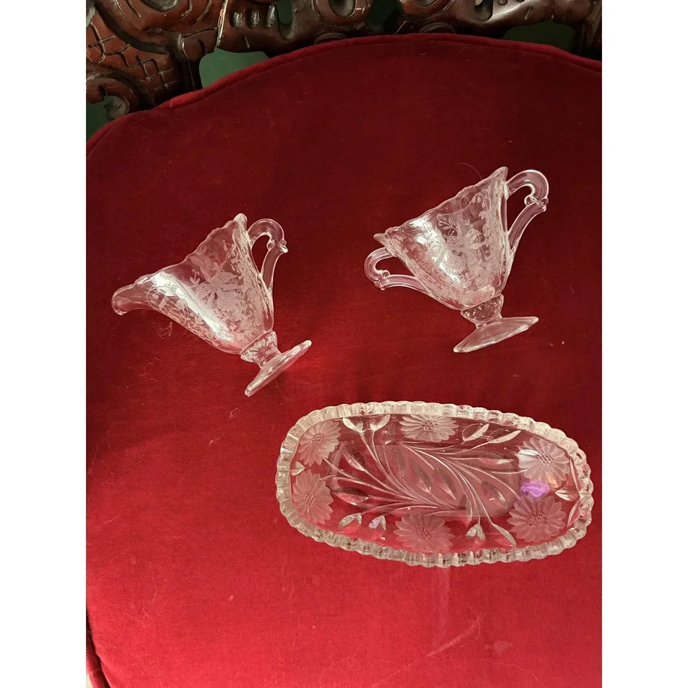 Vintage Cut Glass Creamer & Sugar Set With Tray Clear Floral Etched Design